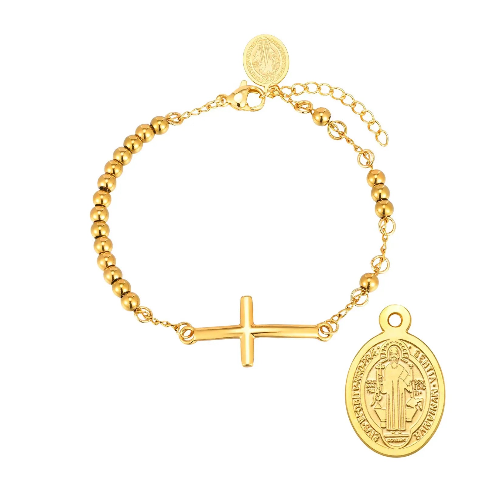 Stainless Steel Rosary Virgin Mary Cross Bracelet, St Benedict Three-color Bead Chain Bracelet,