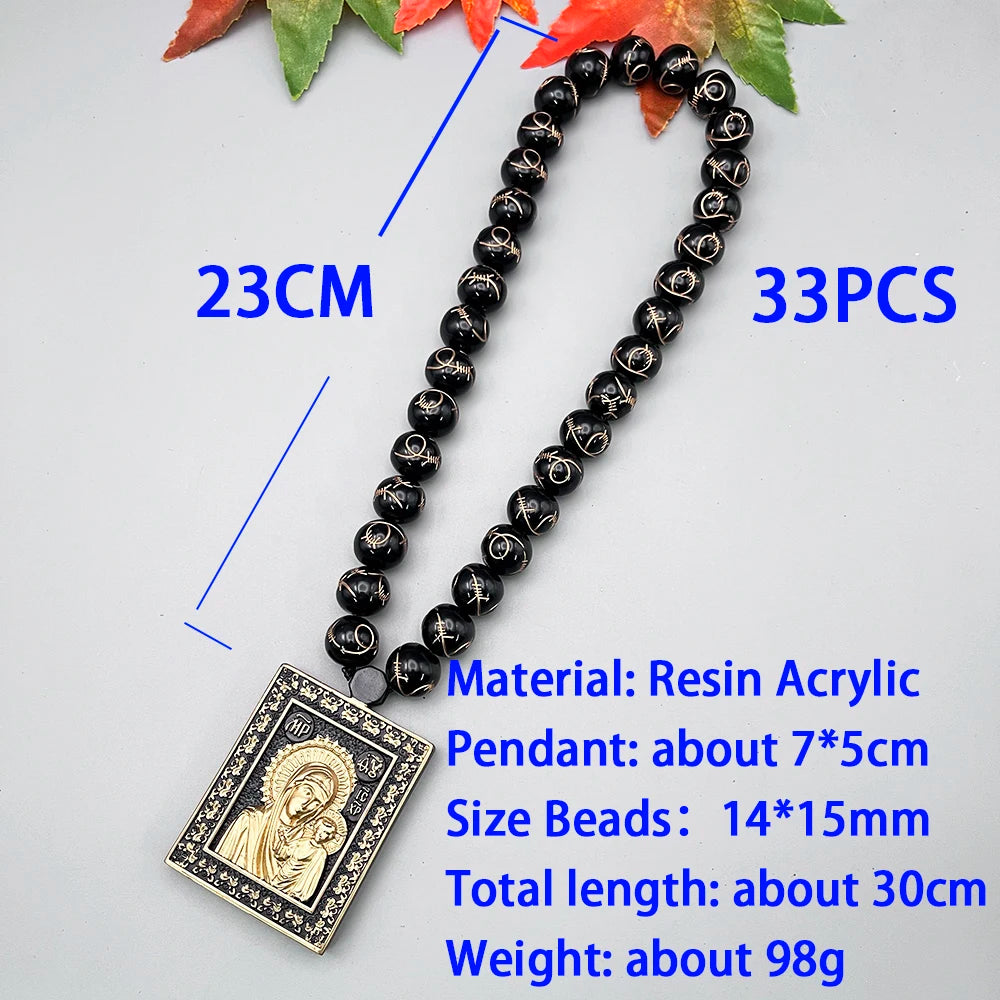 NEW Rosary Pendant Eastern Orthodox 3D Paintings Resin Black Gold Madonna