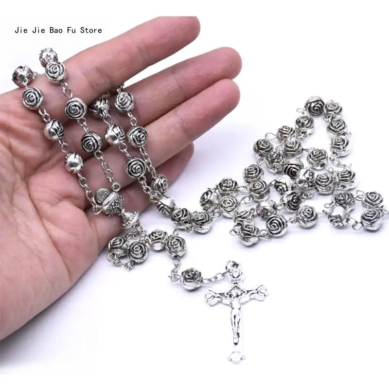 Rosary Necklace Silver color Plastic Rose Flowers Beads
