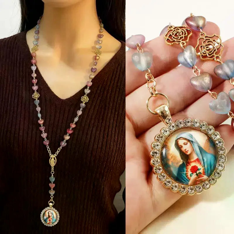Virgin Mary/st Benedict Rosary Beads Necklace For Women Men Cross Crucifix Pendant