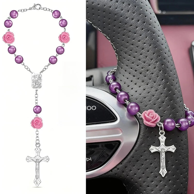 Rosary Cross Rose Prayer Beads Rearview Mirror Hanging Ornament