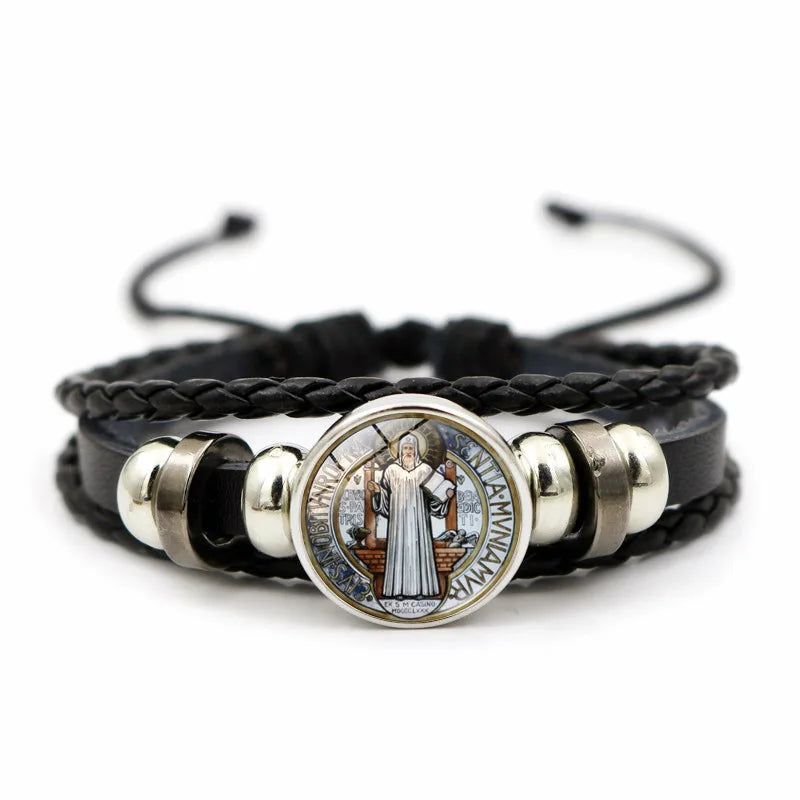 Saint Benedict Medal Leather Bracelet Catholic San Benito Glass Dome