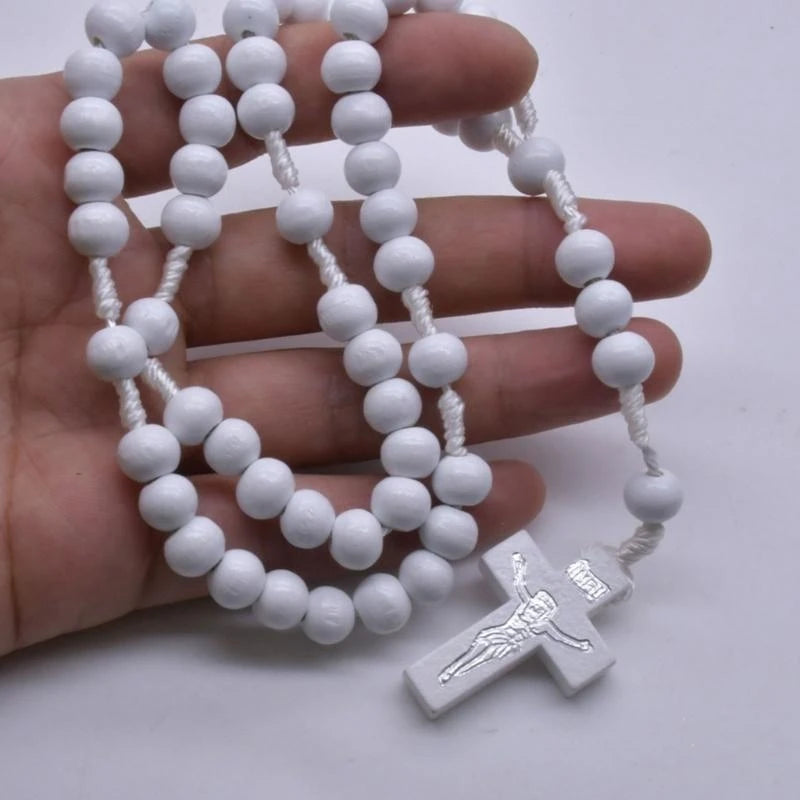 Rosary White Wood Beads with Crosses for Daily Wear or Gift