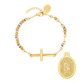 Stainless Steel Rosary Virgin Mary Cross Bracelet, St Benedict Three-color Bead Chain Bracelet,