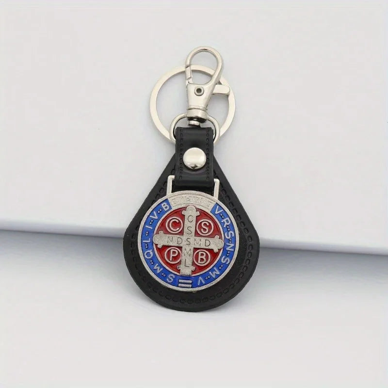 2pcs PU Leather St Benedict Pendant Key Chain Keyring