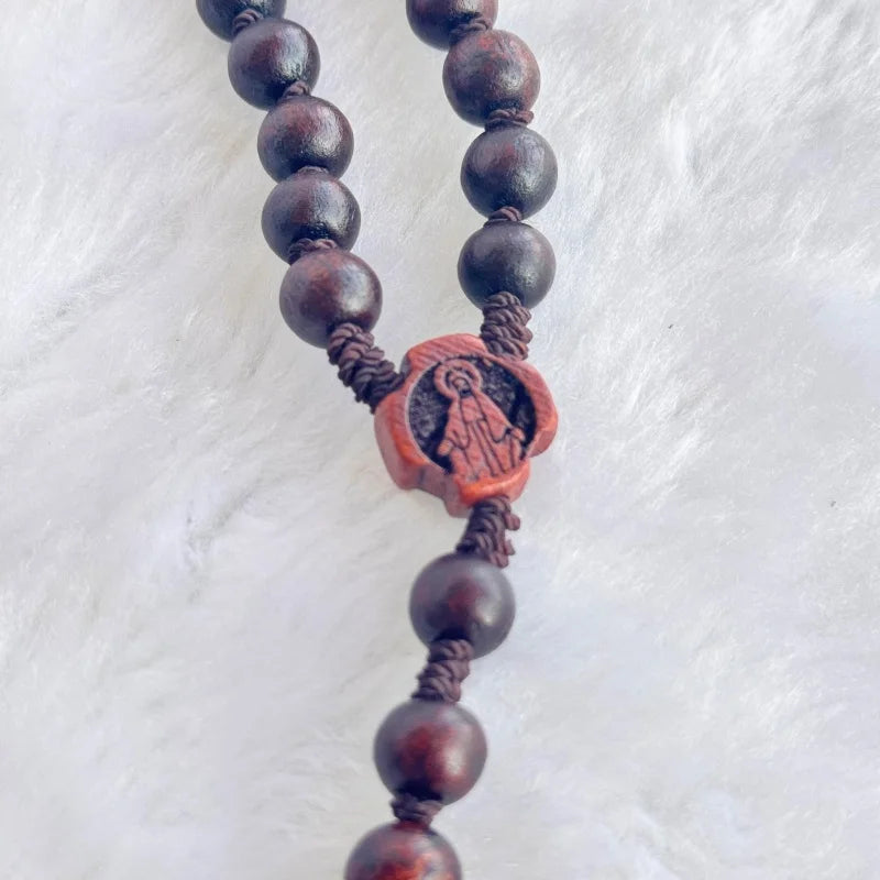Dark Wood Bead Rosary with Engraved Crucifix Handmade