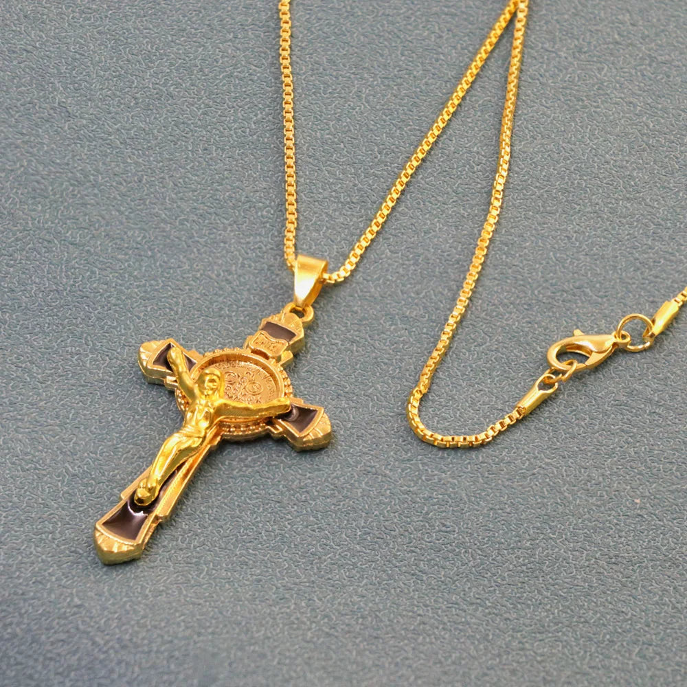 Enamel St Benedict Exorcism Cross Necklaces Gold Plated Protection Jewelry for Women/Men 24 inches Chain