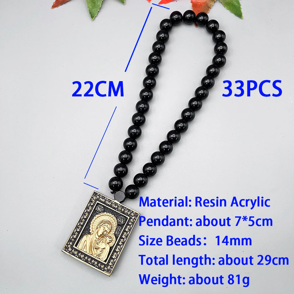 NEW Rosary Pendant Eastern Orthodox 3D Paintings Resin Black Gold Madonna