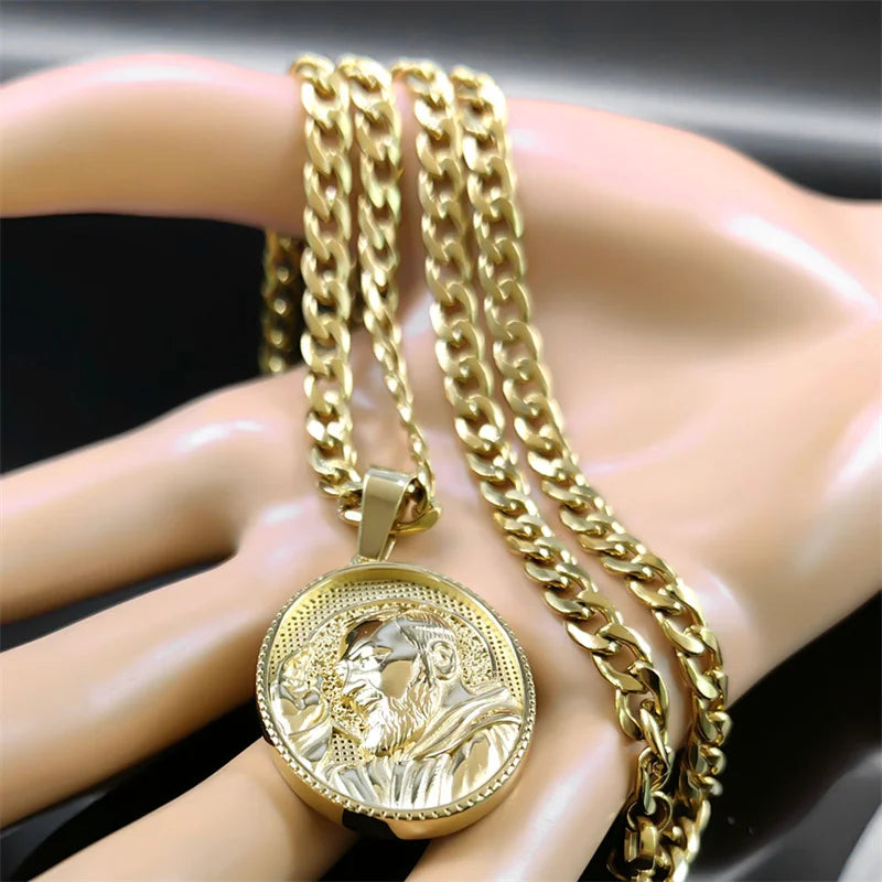 Padre Pio Saint Medal Necklace Stainless Steel Gold Color