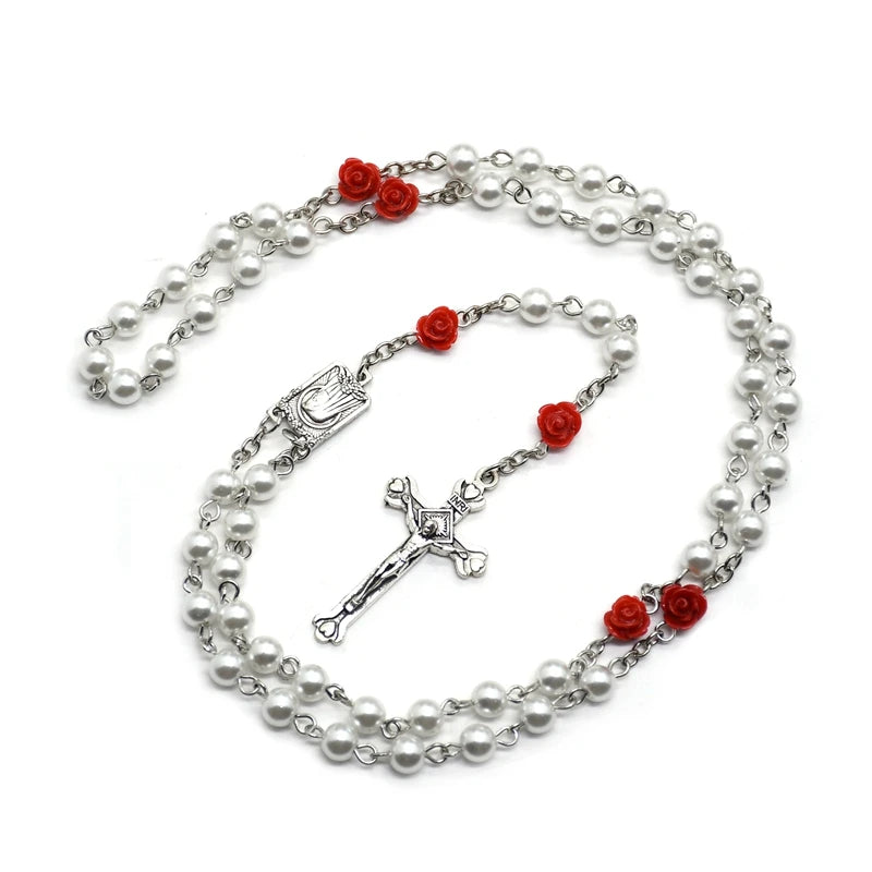 Rose Rosary Necklace with Pendant White Black Red