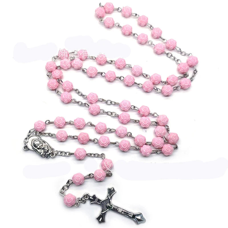 First Communion Rosary Set for Girls with Pink Rose Shaped Bead Pendant Necklace