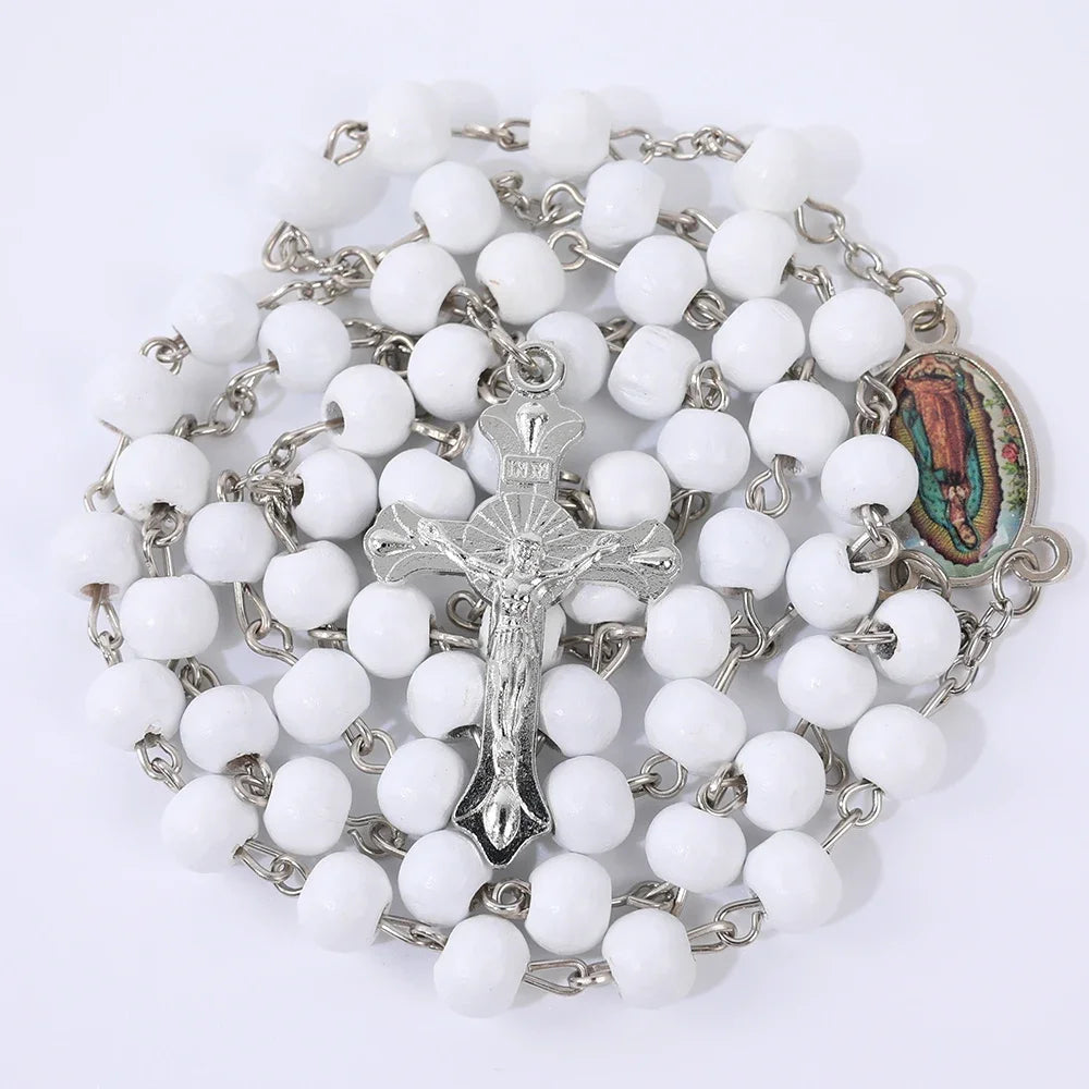 Wood Rosary Necklace with Virgin Mary Cross Pendant 6MM
