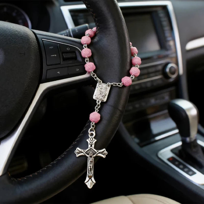 Pink Rose Beads Crucifix Hanging Ornament for Interior Decoration