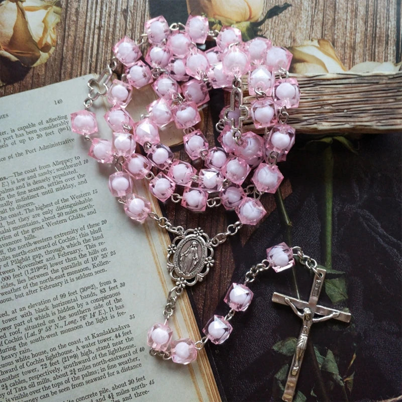Pink Ceramic and Enamel Square Beaded Crucifix
