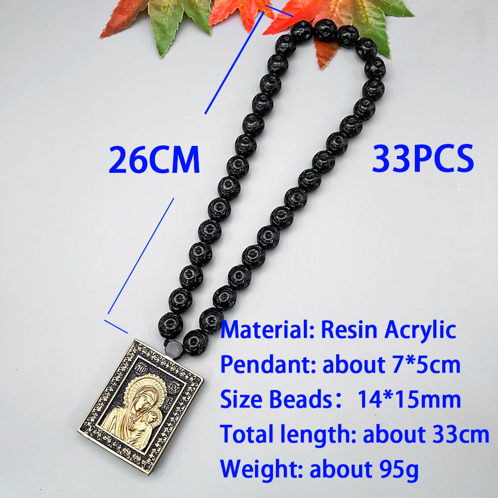 NEW Rosary Pendant Eastern Orthodox 3D Paintings Resin Black Gold Madonna