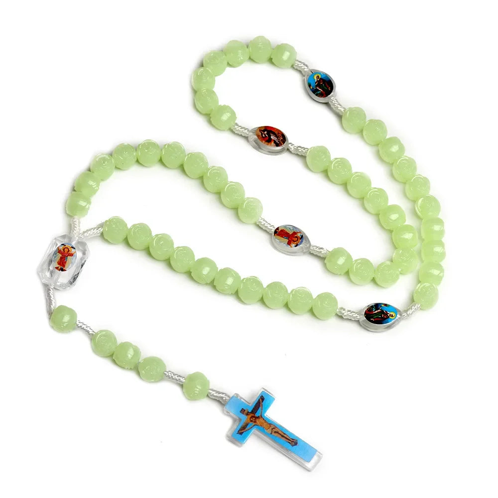 Glow in The Dark Rosary Necklace  10MM Luminous Rose Beaded Chain