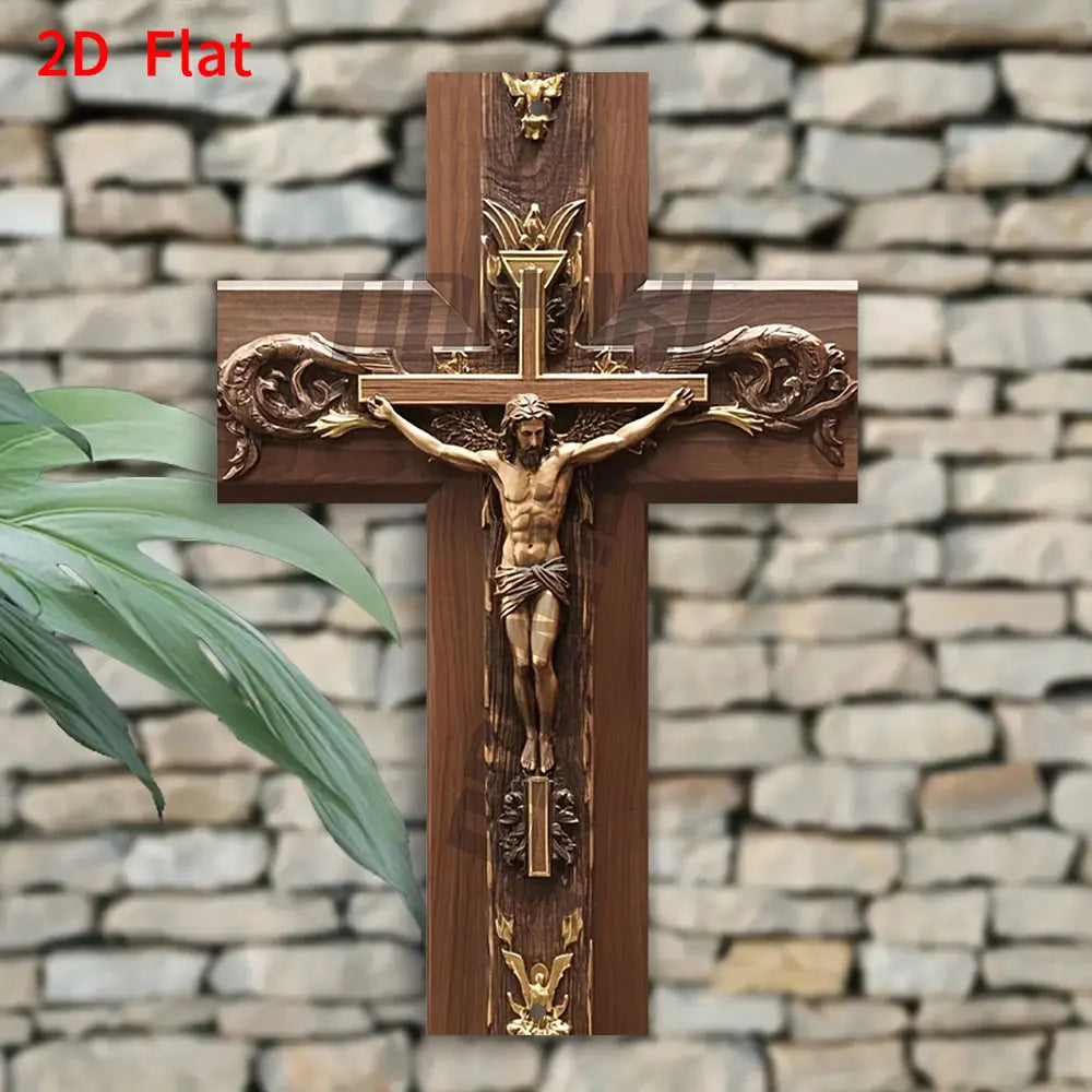 Vintage Metal Cross Wall Hanging - Intricate Jesus Christ Crucifixion Design with Golden Swirls & Vines Ornate Detailing