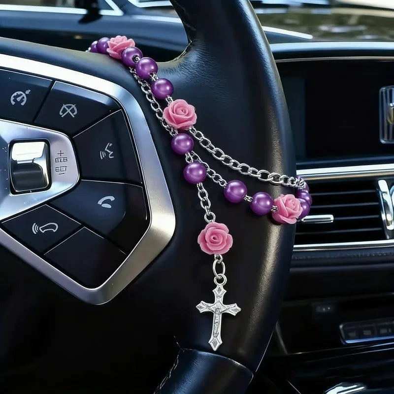 Rosary Cross Rose Prayer Beads Rearview Mirror Hanging Ornament