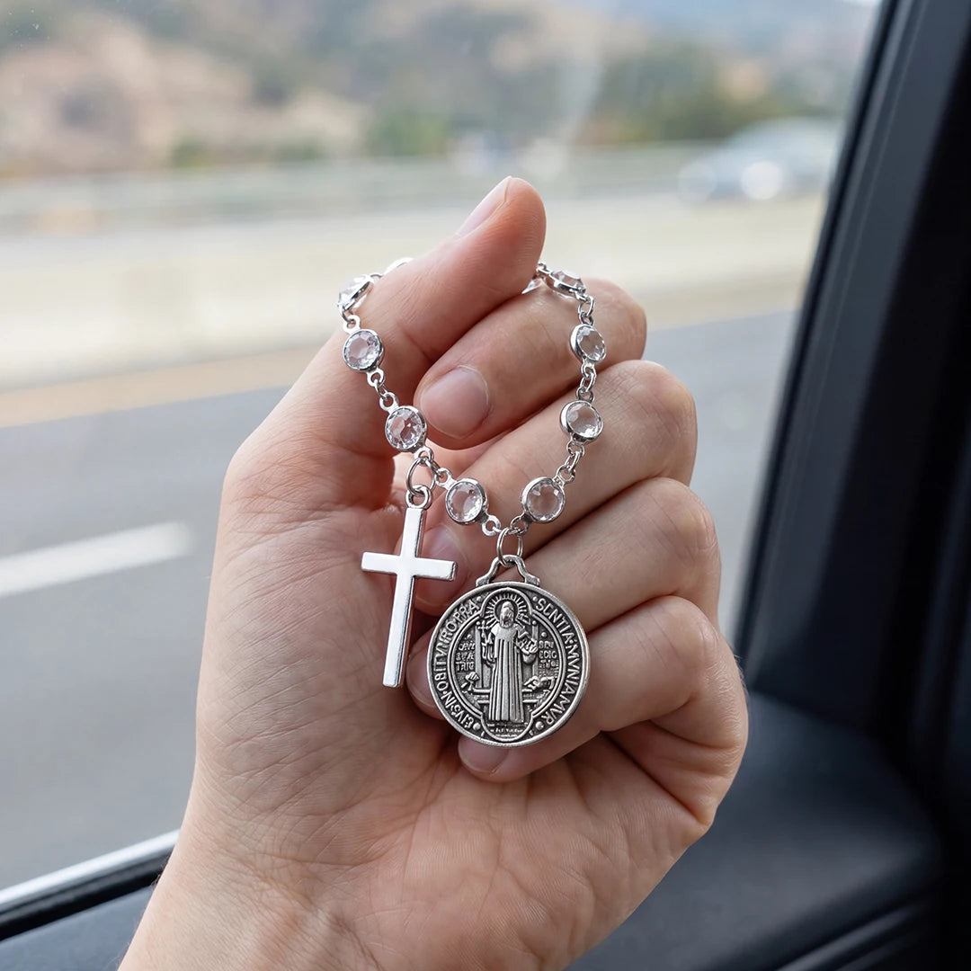 Protection Rosary Car Accessory St. Benedict Medal & Cross Pendant