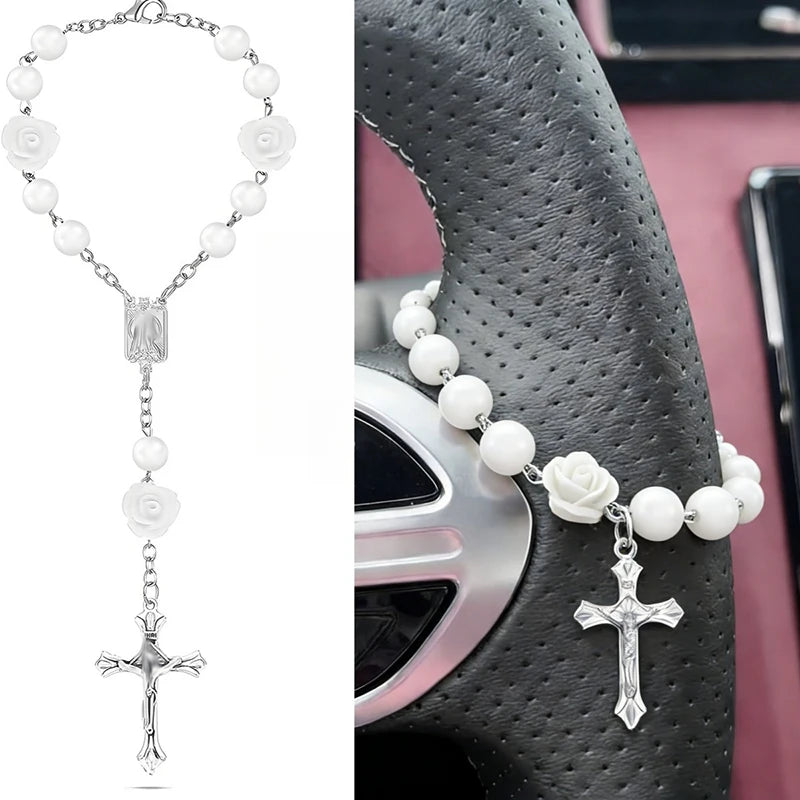 Rosary Cross Rose Prayer Beads Rearview Mirror Hanging Ornament