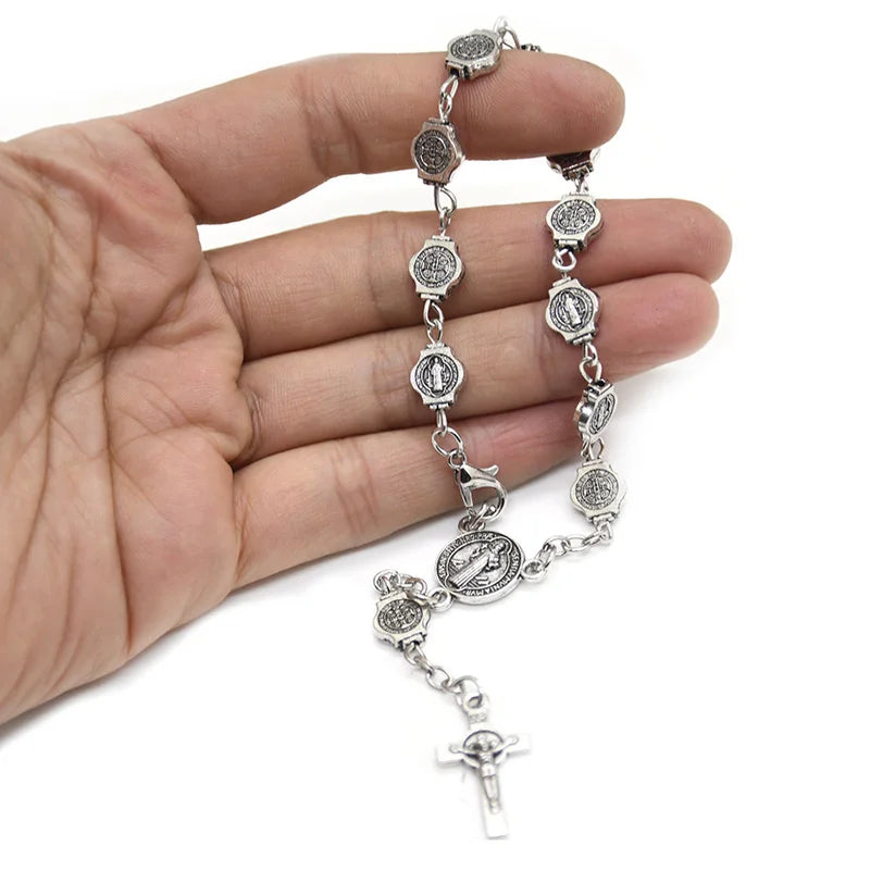 Vintage Metal St. Benedict Rosary Bracelet Cross Prayer Beads Jewelry