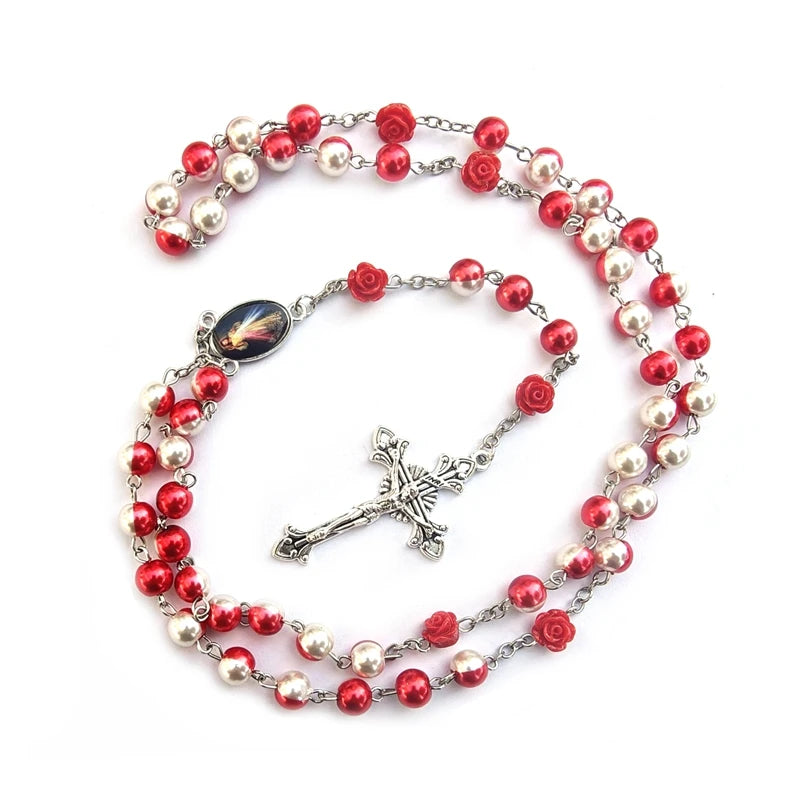 Red White Glass Pearl Cross Rosary