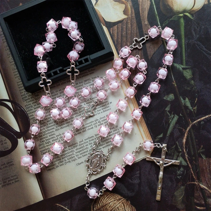 Pink Ceramic and Enamel Square Beaded Crucifix
