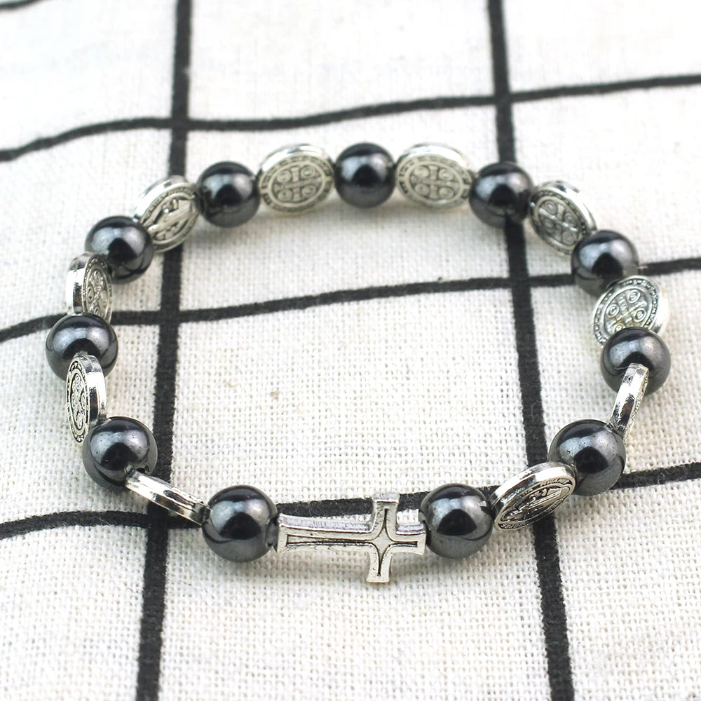 St Benedict Hematite Rosary Bracelet Elastic