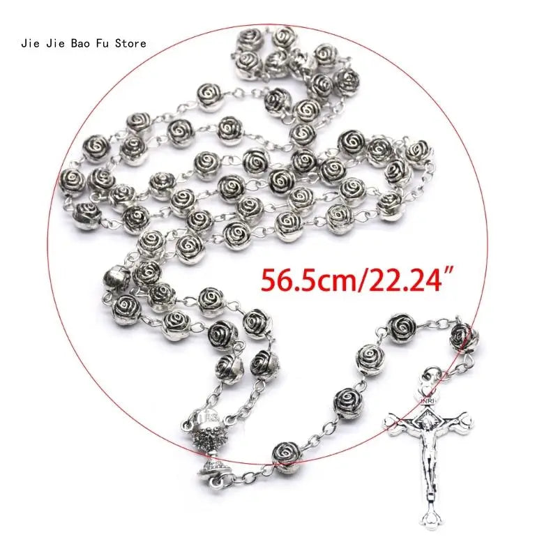 Rosary Necklace Silver color Plastic Rose Flowers Beads