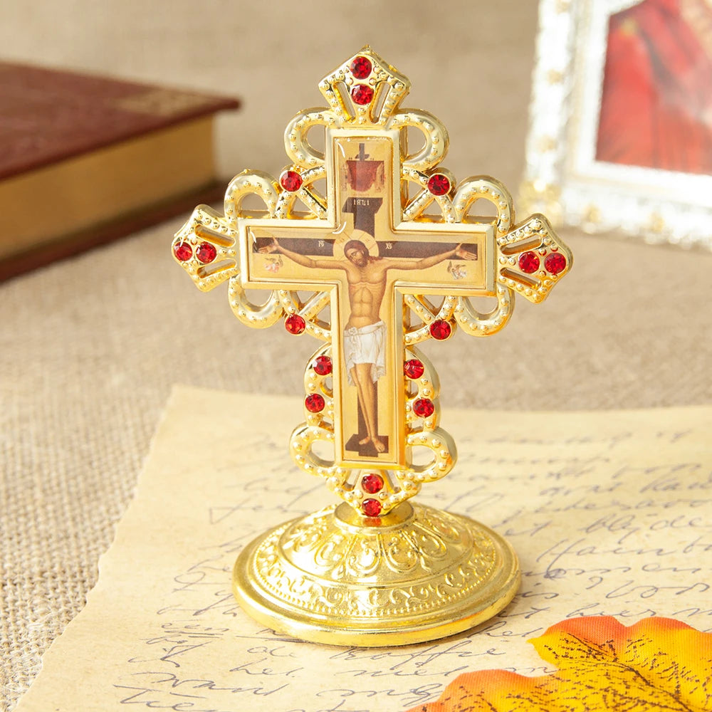 Metal Jesus Icon Crucifix Orthodox Table Cross With Stand