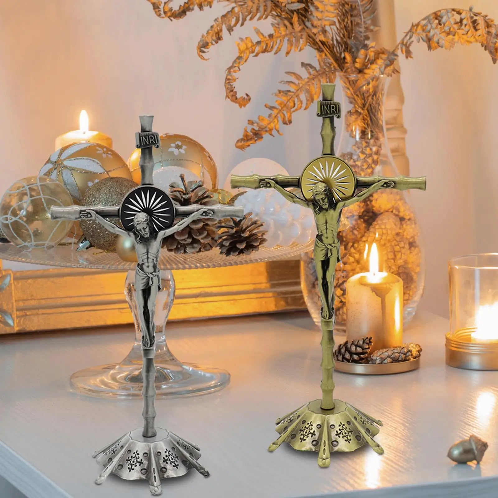 Wall Cross Standing Crucifix, with Base, Sculpture Crucifix Figurine Cross Statue for Home