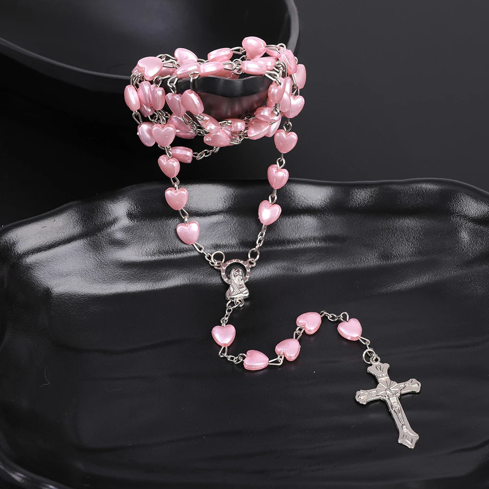 Pink or White Heart Beaded Rosary