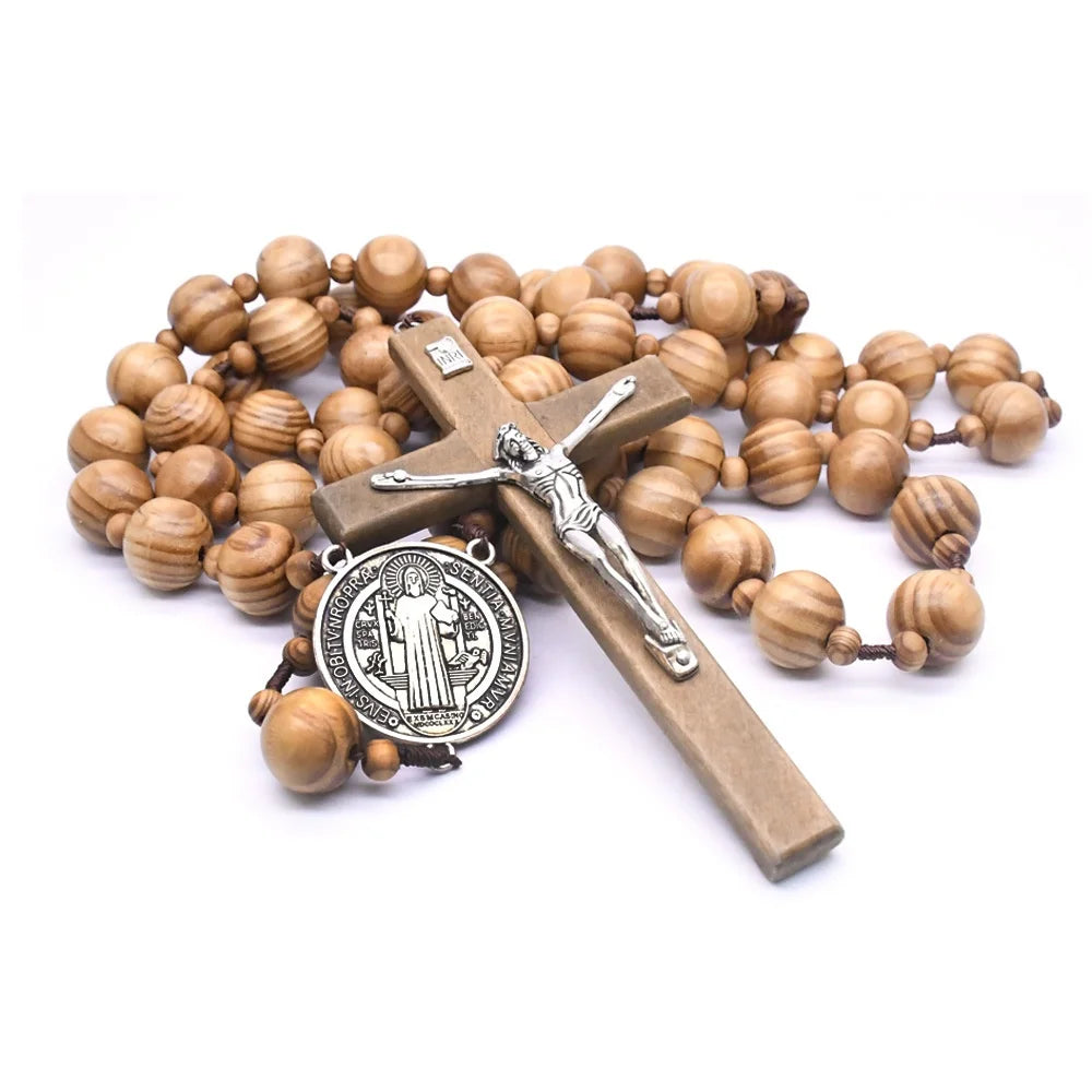 Large Wood Bead Crucifix With St Benedict Exorcism Medal