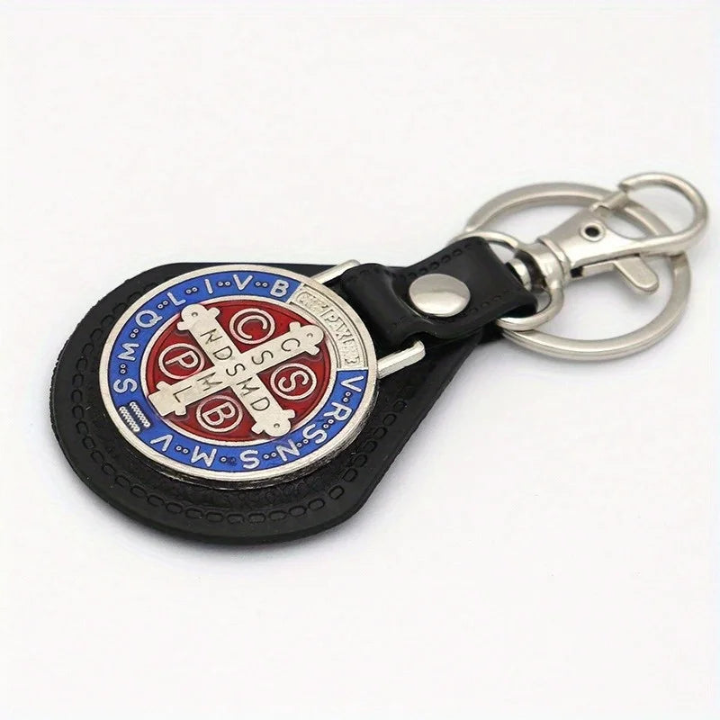 2pcs PU Leather St Benedict Pendant Key Chain Keyring