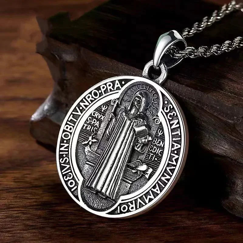 Stainless Steel Exorcist Saint Benedict Round Pendant Necklace