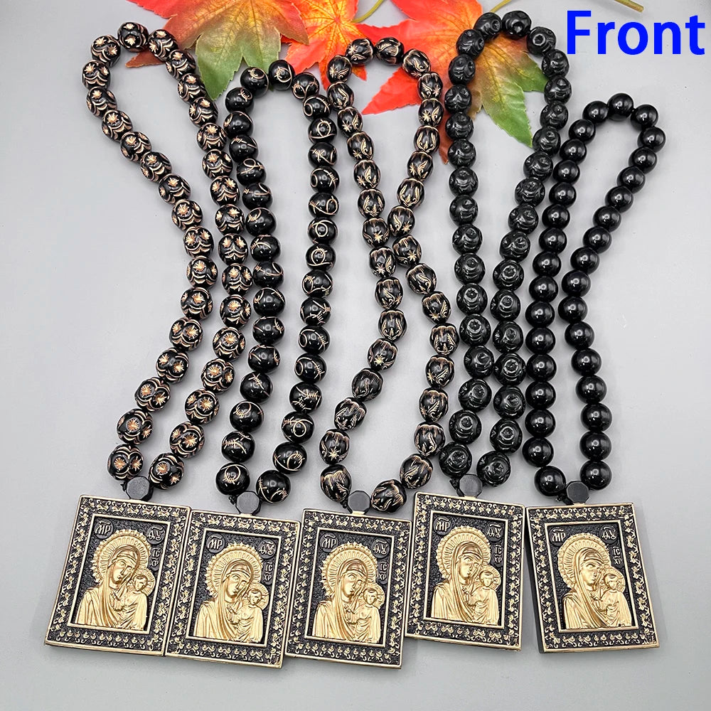 NEW Rosary Pendant Eastern Orthodox 3D Paintings Resin Black Gold Madonna