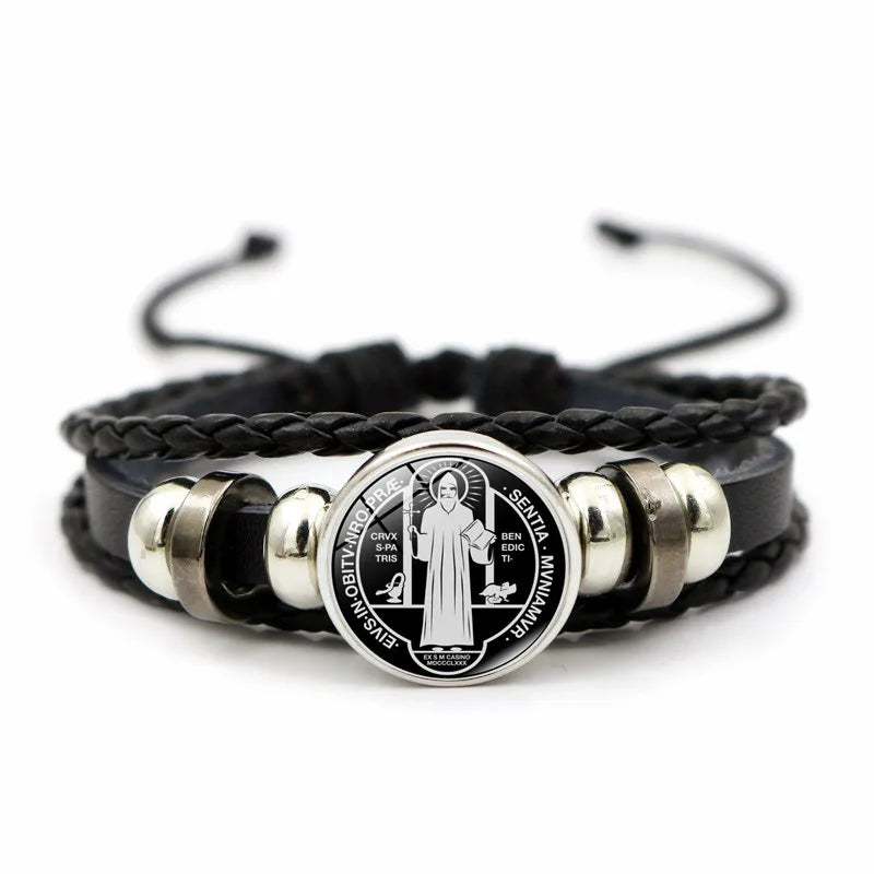 Saint Benedict Medal Leather Bracelet Catholic San Benito Glass Dome