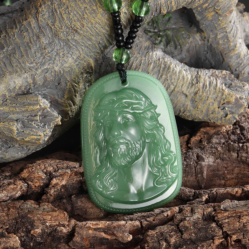 Emerald Green Imitation Jade Jesus Pendant Necklace