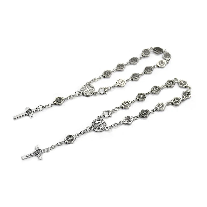 Vintage Metal St. Benedict Rosary Bracelet Cross Prayer Beads Jewelry