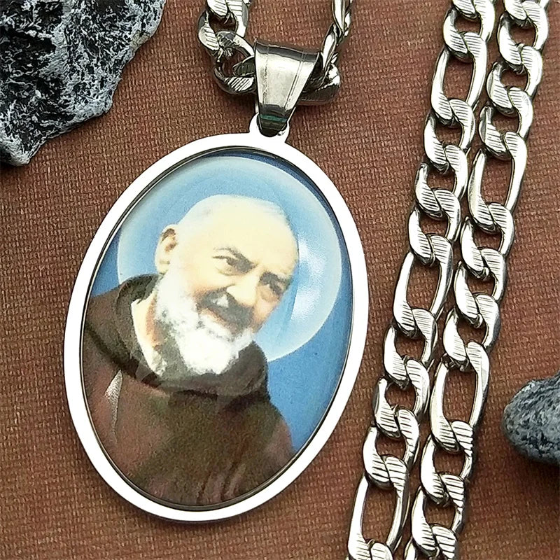 Padre Pio Glass Medal Pendant Necklace