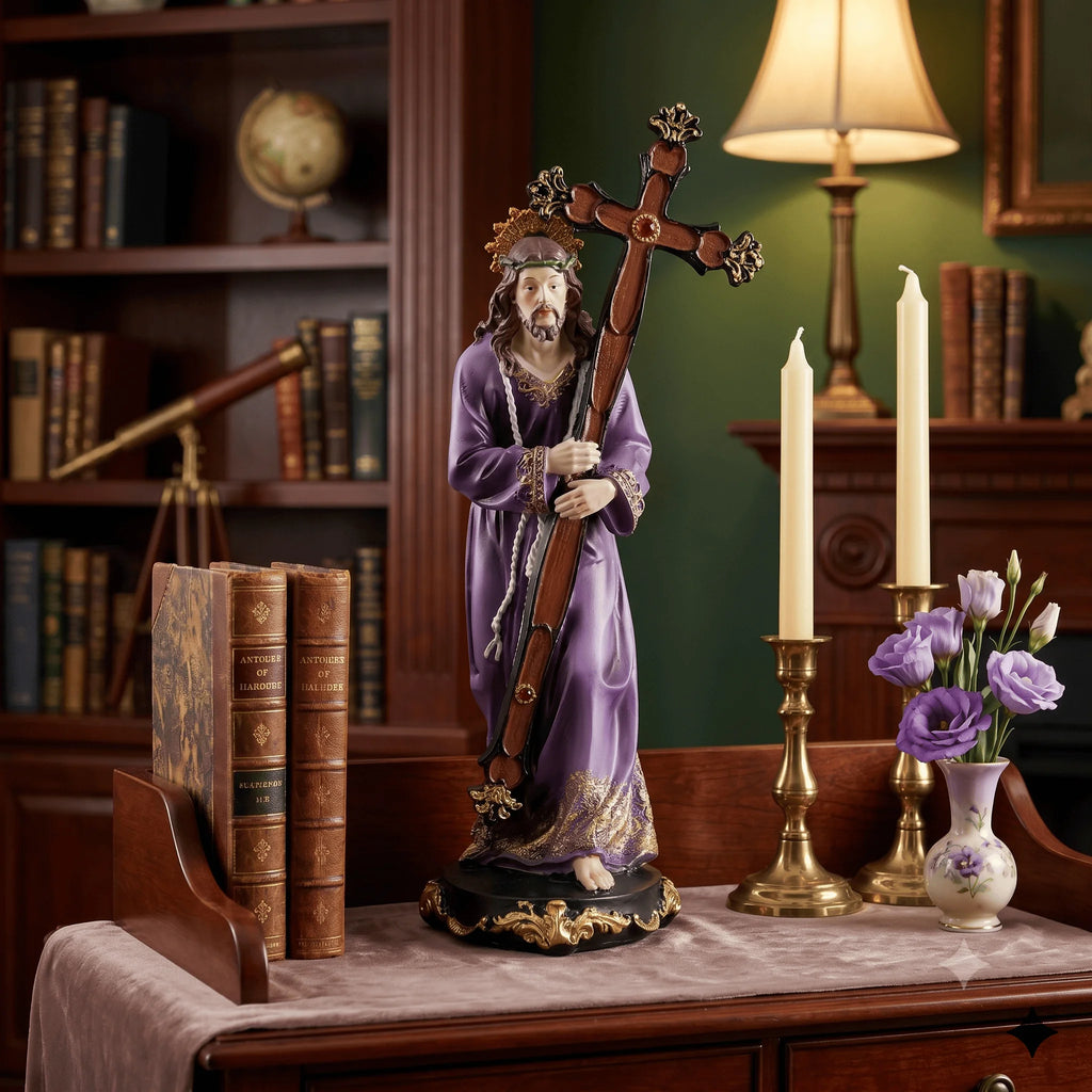 Jesus Carrying Cross Statue, Purple Robe Hand Painted Resin Decor