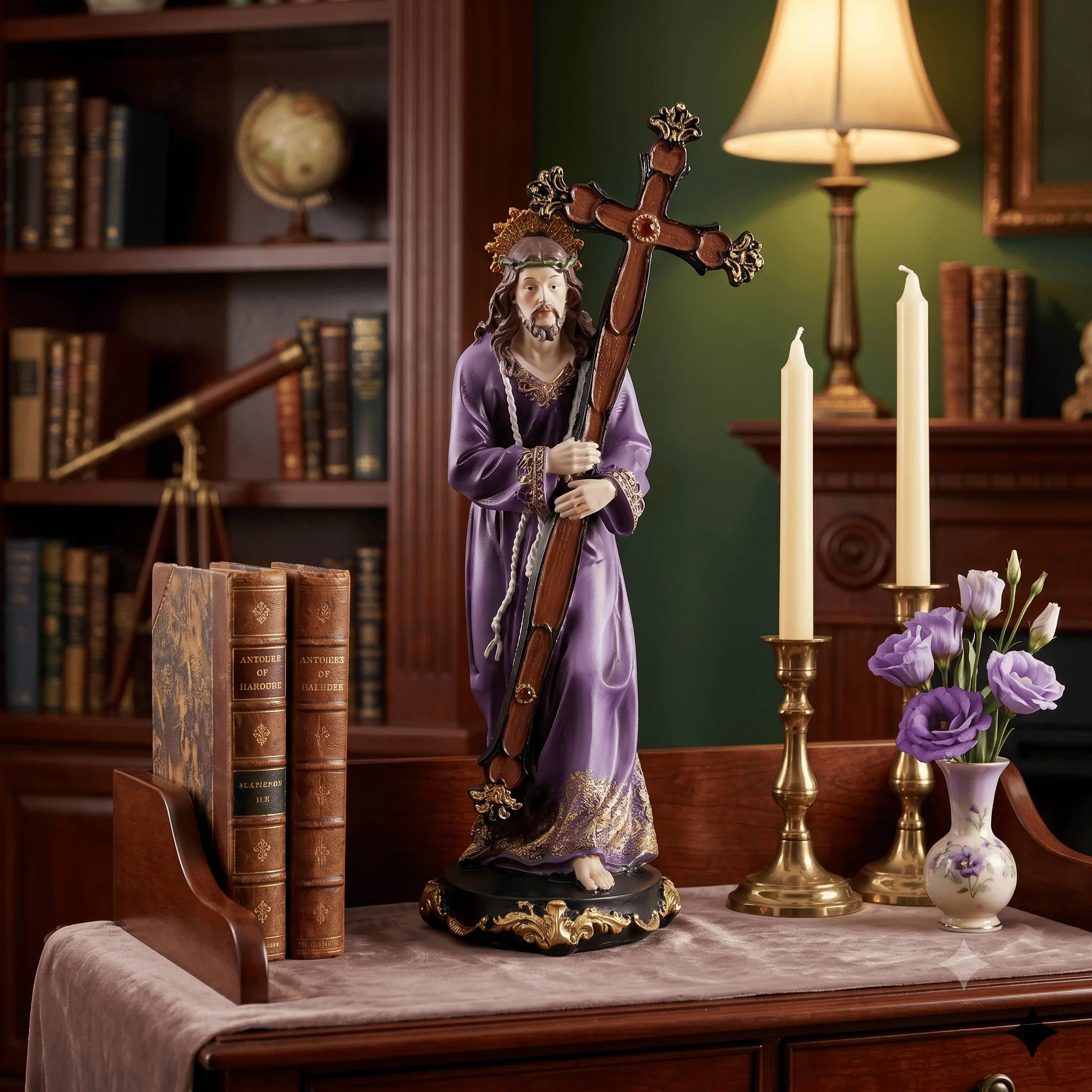 Jesus Carrying Cross Statue, Purple Robe Hand Painted Resin Decor