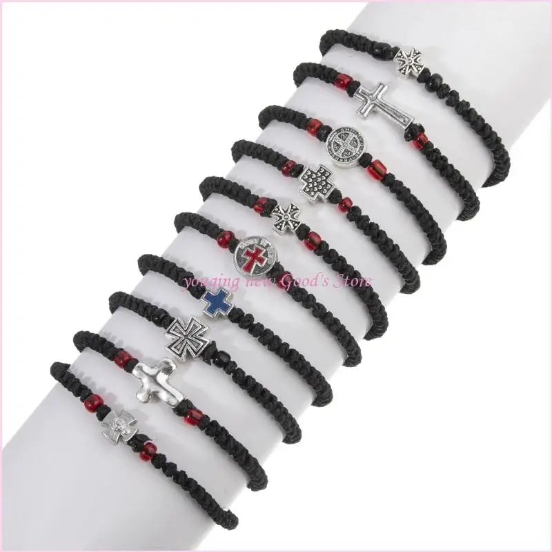57QA Faith Inspired Crucifix Braided Handcrafted Bracelet Adjustable Sizing Wrist Chain for Personal and Religious Use