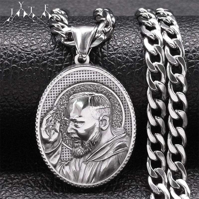 Padre Pio Saint Medal Necklace Stainless Steel Gold Color