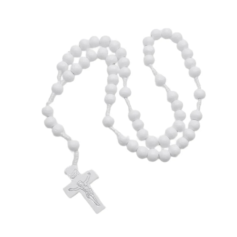Rosary White Wood Beads with Crosses for Daily Wear or Gift