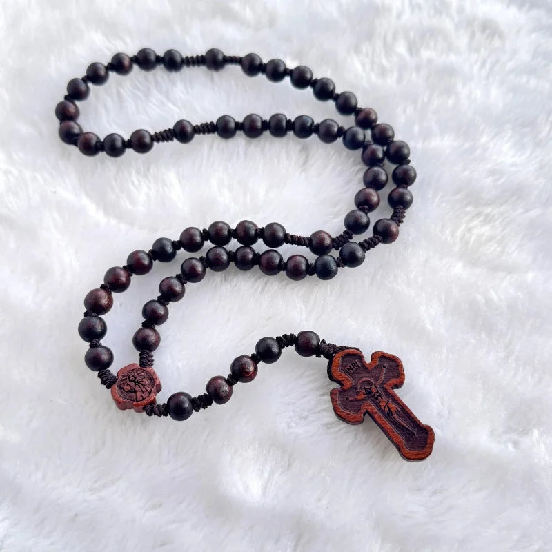 Dark Wood Bead Rosary with Engraved Crucifix Handmade