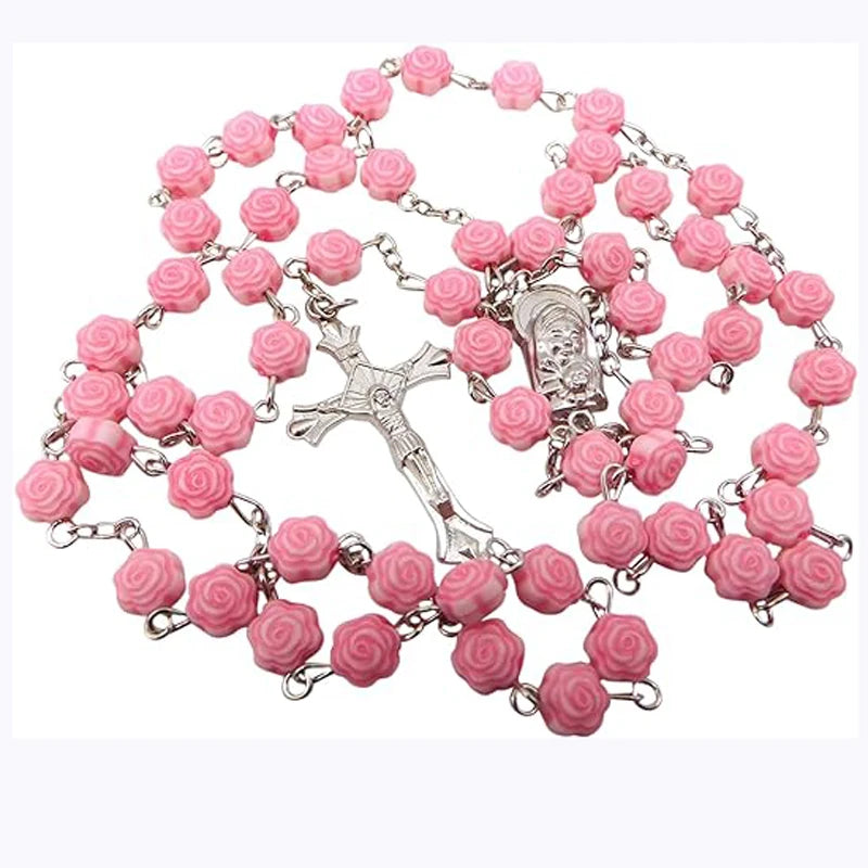 First Communion Rosary Set for Girls with Pink Rose Shaped Bead Pendant Necklace