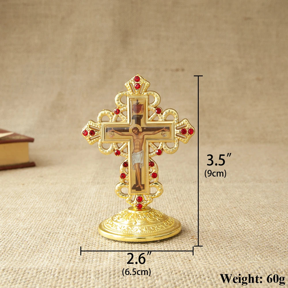 Metal Jesus Icon Crucifix Orthodox Table Cross With Stand