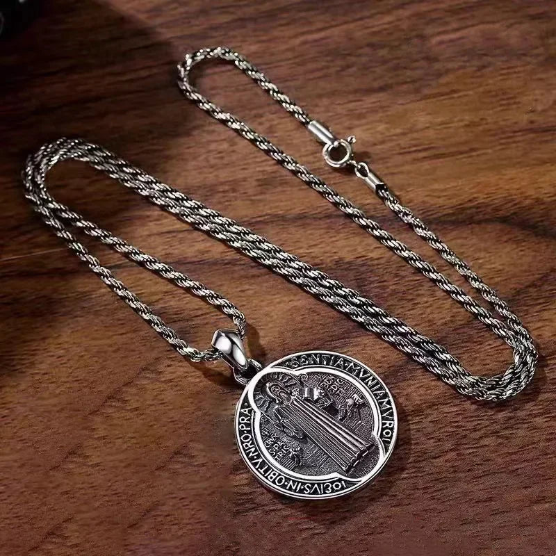 Stainless Steel Exorcist Saint Benedict Round Pendant Necklace