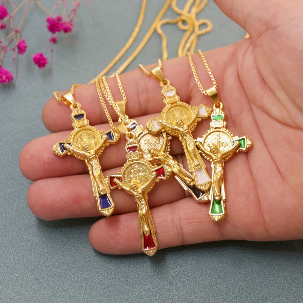 Enamel St Benedict Exorcism Cross Necklaces Gold Plated Protection Jewelry for Women/Men 24 inches Chain